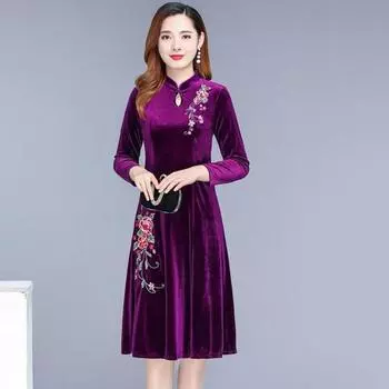 Женское платье осень-зима с большим воротником-стойкой, длинным рукавом, цветочной вышивкой, вырезом А-силуэта, мягкий теплый толстый пуловер, женское выпускное вечернее платье 4XL фиолетовый