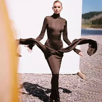 Женское платье осень-зима с круглым вырезом и длинным рукавом, однотонное эластичное женское платье макси S красный