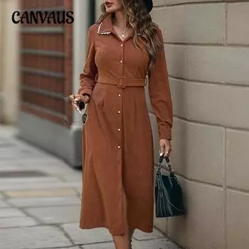 Женское платье осень-зима с лацканами, кружевом, длинными рукавами, вельветовые платья S коричневый/кофейный