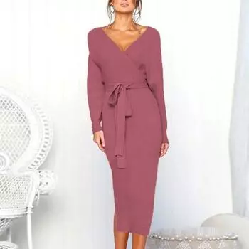 Женское платье осень-зима с V-образным вырезом, шнуровкой, поясом, узкая талия, однотонное трикотажное эластичное, длиной до середины икры, с длинным рукавом, облегающее женское летнее платье для поездок на работу 2XL