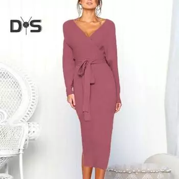 Женское платье осень-зима с V-образным вырезом, шнуровкой, поясом, узкая талия, однотонное трикотажное эластичное, длиной до середины икры, с длинным рукавом, облегающее женское летнее платье для поездок на работу 2XL