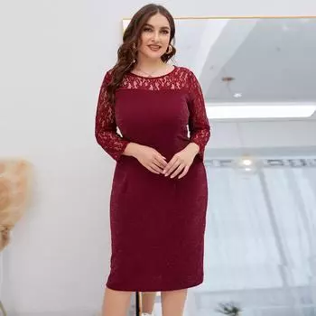 Женское платье, осенне-зимнее кружевное платье с круглым вырезом и длинными рукавами, тонкое, простое, банкетное, яркая шелковая трикотажная юбка-карандаш большого размера, XL-4XL XL кларет