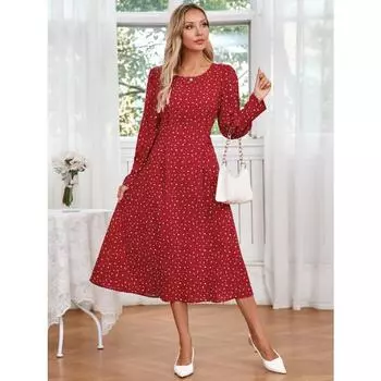 Женское платье осеннее элегантное платье с круглым вырезом и мелким цветочным узором на шнуровке с длинными рукавами S чёрный