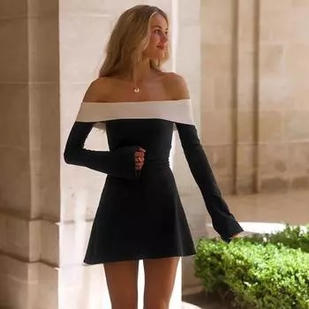 Женское платье осеннее французское элегантное с широкими бретелями на груди и воротником-стойкой с длинными рукавами и поясом, темпераментное платье для женщин S чёрный