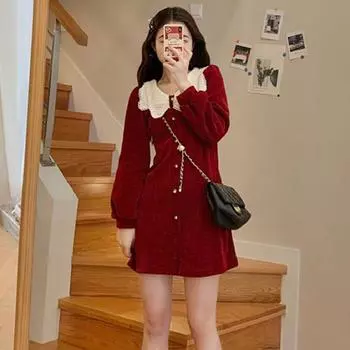 Женское платье Осеннее французское элегантное темпераментное кружевное платье с лацканами в клетку Шикарное платье с пышными рукавами на талии S красный