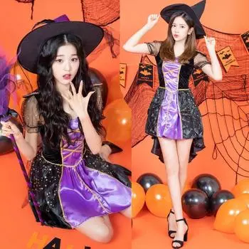 Женский костюм ведьмы-вампира эльфа, страшный фиолетовый карнавальный костюм для вечеринки, наряд с пышными рукавами, асимметричное платье с подолом и шляпой