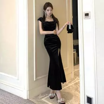 Женское платье-платье знаменитости с разрезом и вырезом из бархата S чёрный