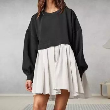 Женское платье Плиссированное платье-свитер с круглым вырезом в стиле пэчворк Свободное платье-свитер с длинными рукавами А-силуэт Большой свободный свитер Мини-платье осень-весна S хаки