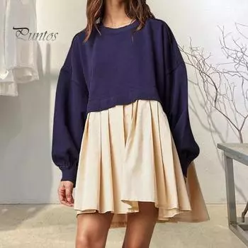 Женское платье Плиссированное платье-свитер с круглым вырезом в стиле пэчворк Свободное платье-свитер с длинными рукавами А-силуэт Большой свободный свитер Мини-платье осень-весна M вино красного