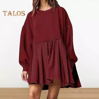 Женское платье Плиссированное платье-свитер с круглым вырезом в стиле пэчворк Свободное платье-свитер с длинными рукавами А-силуэт Большой свободный свитер Мини-платье осень-весна M вино красного