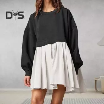 Женское платье Плиссированное платье-свитер с круглым вырезом в стиле пэчворк Свободное платье-свитер с длинными рукавами А-силуэт Большой свободный свитер Мини-платье осень-весна S вино красного