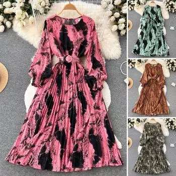 Женское платье плиссированное с высокой талией и поясом с узкой талией трапециевидной формы со свободным подолом с длинным рукавом-фонариком и круглым вырезом в стиле ретро с принтом, облегающее женское платье макси на осень и весну