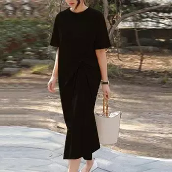 Женское платье плиссированного дизайна с коротким рукавом сплошного цвета с круглым вырезом женское летнее длинное платье-футболка с разрезом по бокам одежда для отпуска 3XL чёрный