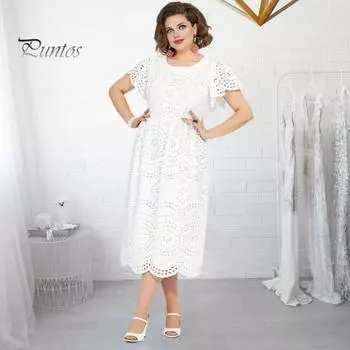 Женское платье плюс размер с круглым вырезом и вышивкой из кружева Slim Fit сплошной цвет с короткими рукавами для поездок на работу официальная вечеринка выпускного вечера летнее платье миди L белый
