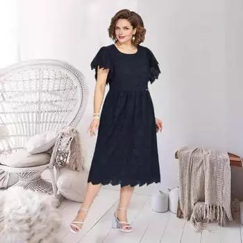 Женское платье плюс размер с круглым вырезом и вышивкой из кружева Slim Fit сплошной цвет с короткими рукавами для поездок на работу официальная вечеринка выпускного вечера летнее платье миди L белый