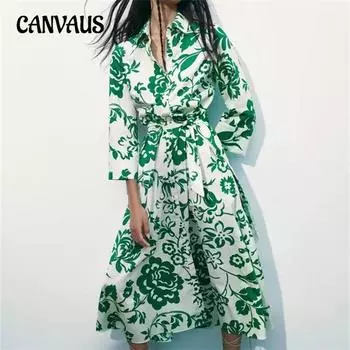 Женское платье-подъюбник с принтом и поясом, длинное платье-кардиган XS зелёный
