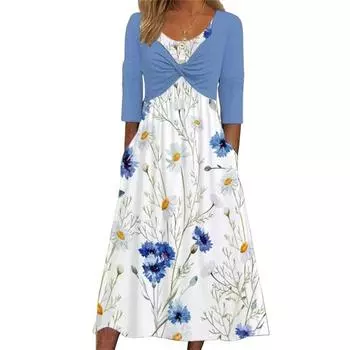 Женское платье Поддельное платье-пальто из двух частей Лоскутное платье с цветочным принтом Плиссированные боковые карманы Круглая шея До середины икры Длина с половиной рукавом Женское ежедневное платье для поездок на работу XL