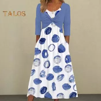 Женское платье Поддельное платье-пальто из двух частей Лоскутное платье с цветочным принтом Плиссированные боковые карманы Круглая шея До середины икры Длина с половиной рукавом Женское ежедневное платье для поездок на работу XL светло-синий