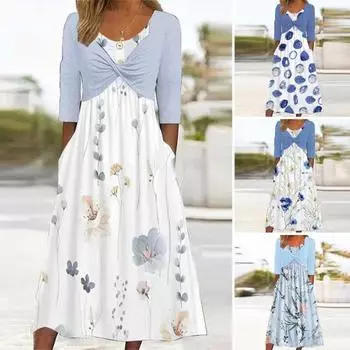 Женское платье Поддельное платье-пальто из двух частей Лоскутное платье с цветочным принтом Плиссированные боковые карманы Круглая шея До середины икры Длина с половиной рукавом Женское ежедневное платье для поездок на работу XL