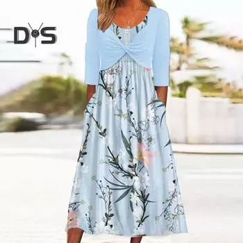 Женское платье Поддельное платье-пальто из двух частей Лоскутное платье с цветочным принтом Плиссированные боковые карманы Круглая шея До середины икры Длина с половиной рукавом Женское ежедневное платье для поездок на работу XL светло-синий