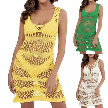 Женское платье, полая пляжная юбка на шнуровке, сексуальный тонкий однотонный топ на бретелях One Size зелёный