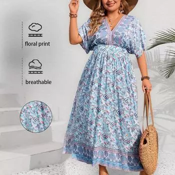 Женское платье полного размера с принтом, короткими рукавами, V-образным вырезом, длинное платье XL синий
