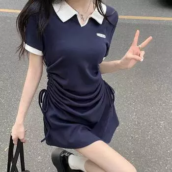 Женское платье-поло с цветами, простое синее платье для девочек, модное платье с контролем живота S синий