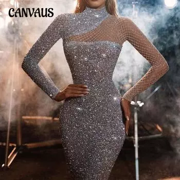 Женское платье Полое платье без бретелек Круглый вырез Тонкий темперамент S-образные платья с пайетками S серебряный