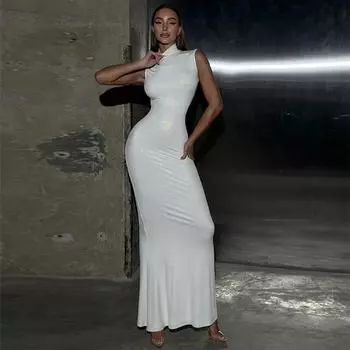 Женское платье-полуводолазка без рукавов, однотонное, темпераментное, облегающее, длинное платье-рыбий хвост S чёрный