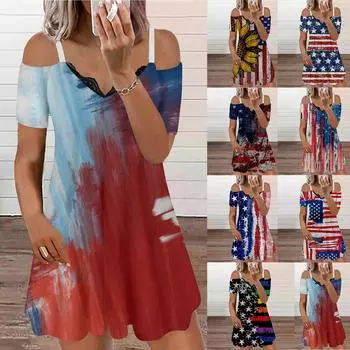 Женское платье, повседневная юбка-комбинация с принтом для независимого дня, сарафан S синий