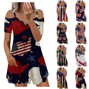 Женское платье, повседневная юбка-комбинация с принтом для независимого дня, сарафан XL чёрный