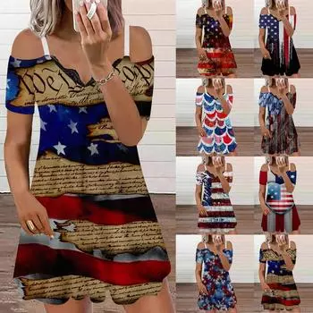 Женское платье, повседневная юбка-комбинация с принтом для независимого дня, сарафан XXXL чёрный