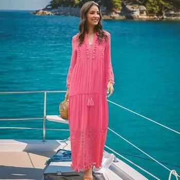 Женское платье повседневное богемное длинное платье с v-образным вырезом большого размера и кружевом с кисточками 4XL розовый