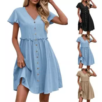 Женское платье, повседневное, летнее, однотонное, с V-образным вырезом и короткими рукавами M