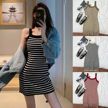 Женское платье повседневное милое вязаное платье-бретелька в полоску контрастного цвета
