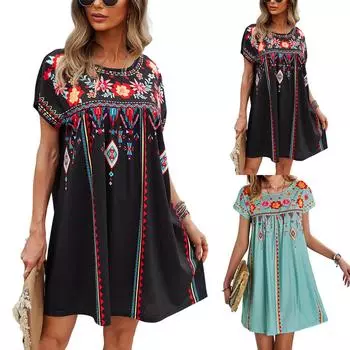 Женское платье повседневное с круглым вырезом и винтажным цветочным принтом с короткими рукавами L чёрный