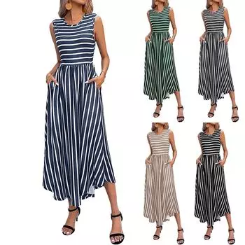 Женское платье повседневное с круглым вырезом в полоску без рукавов L чёрный