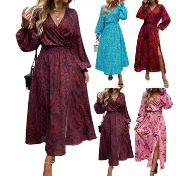 Женское платье повседневное с V-образным вырезом и высокой талией, с винтажным цветочным принтом и длинными рукавами L синий