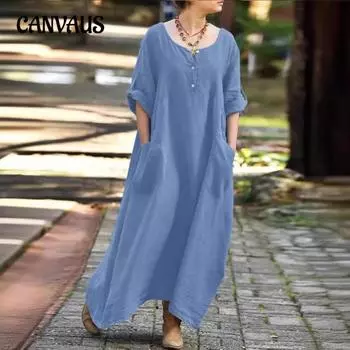 Женское платье Повседневные свободные платья Длинные рукава V-образный вырез Карманные вечерние платья больших размеров S белый