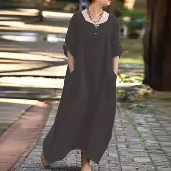 Женское платье Повседневные свободные платья Длинные рукава V-образный вырез Карманные вечерние платья больших размеров S белый