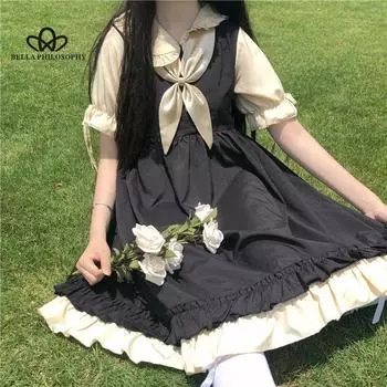 Женское платье Preppy Kawaii Свободное лоскутное платье с бантом в стиле Лолиты Сладкое популярное платье S чёрный