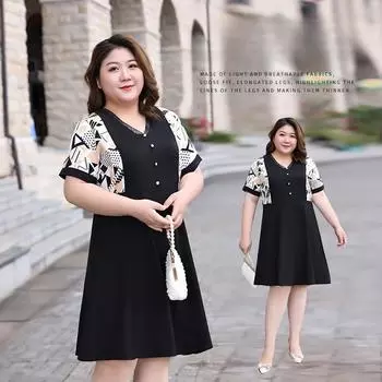 Женское платье, прикрывающее живот, модное и стройнящее. Два контрастных платья с V-образным вырезом 2XL чёрный