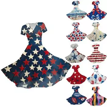 Женское платье принцессы с сексуальным V-образным вырезом и принтом «День независимости», с защипами на талии, плиссированное платье с короткими рукавами M хаки