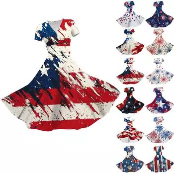 Женское платье принцессы с сексуальным V-образным вырезом и принтом «День независимости», с защипами на талии, плиссированное платье с короткими рукавами M чёрный