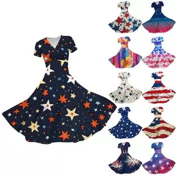 Женское платье принцессы с сексуальным V-образным вырезом и принтом «День независимости», с защипами на талии, плиссированное платье с короткими рукавами XXL хаки