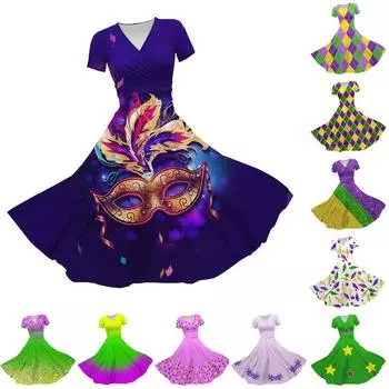 Женское платье принцессы, сексуальное карнавальное платье с v-образным вырезом и принтом на талии, плиссированное платье с короткими рукавами L