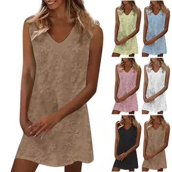 Женское платье принцессы, сексуальное однотонное кружевное платье-майка с v-образным вырезом и вышивкой