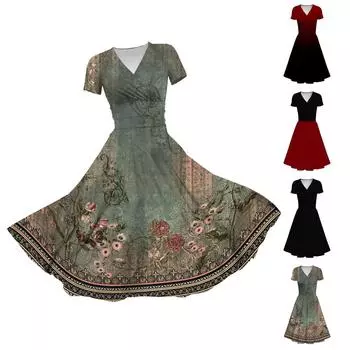 Женское платье принцессы, сексуальное однотонное платье с v-образным вырезом и градиентным принтом, свободное платье с короткими рукавами L