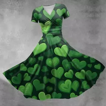 Женское платье принцессы, сексуальное платье с V-образным вырезом, принтом, присборенной талией, плиссировкой и короткими рукавами L армия зеленый