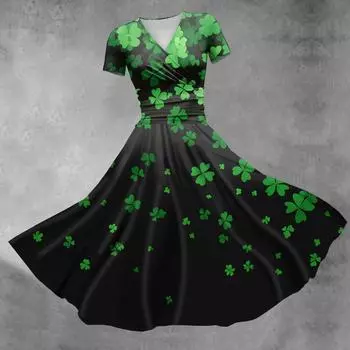 Женское платье принцессы, сексуальное платье с V-образным вырезом, принтом, присборенной талией, плиссировкой и короткими рукавами L армия зеленый